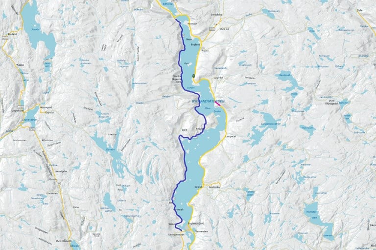 Kart over Byglandsfjorden og Setesdal hvor omkjøringsvegen er merket på kartet