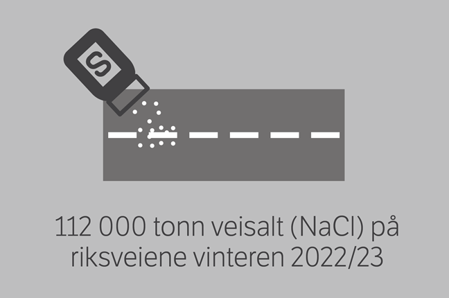 Bruk av salt i vinterdrift av vei har betydning for framkommelighet, trafikksikkerhet og miljø. 90 000 tonn veisalt (NaCl) ble lagt ut på riksveiene vinteren 2021/2022. Kilde: Statens vegvesen.