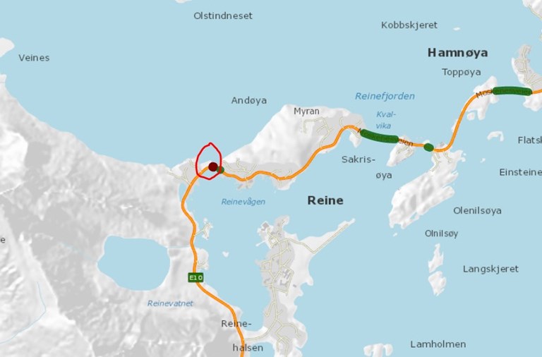 Bilde av kart over E10 ved Reine i Lofoten.