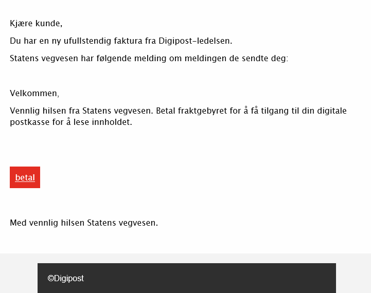 Phishing-e-post som utgir seg for å være sendt fra Digipost på vegne av Statens vegvesen.