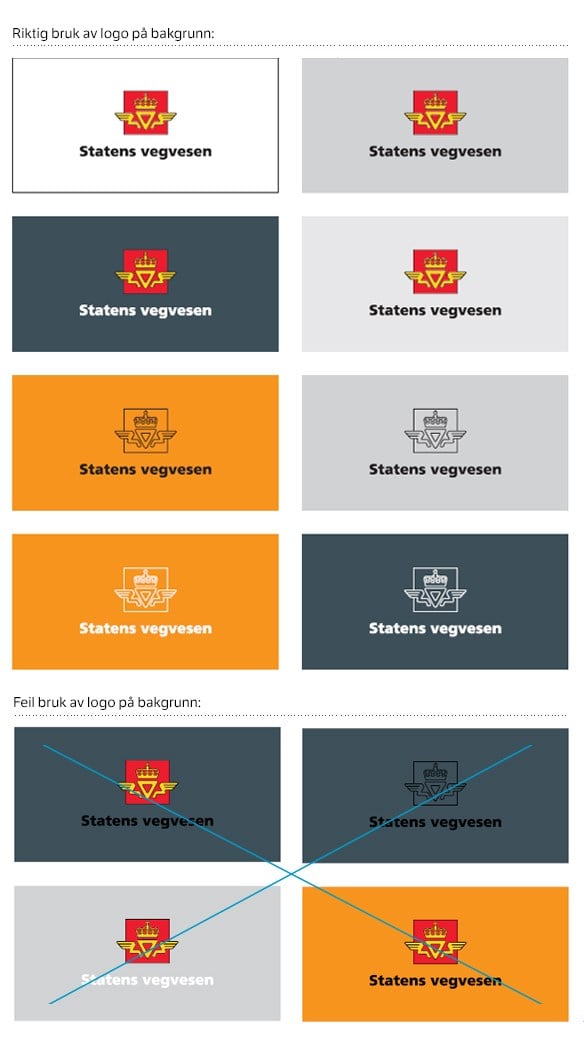Illustrasjon som viser eksempler på riktig og feil bruk av Statens vegvesens logo på ulike bakgrunner