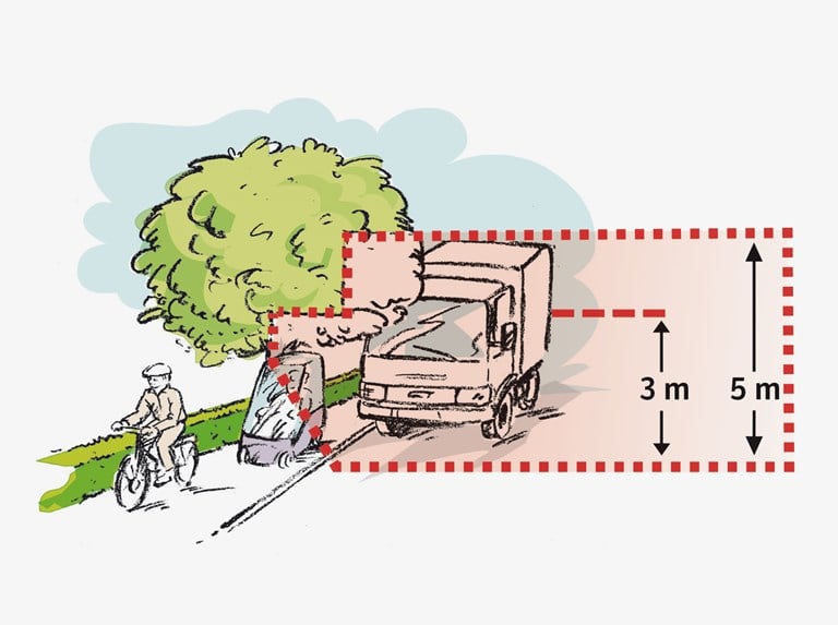 Illustrasjon som viser greiner fra trær som henger over vei, fortau, gang- og sykkelvei