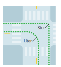 Illustration showing the difference between a major and a minor left turn.