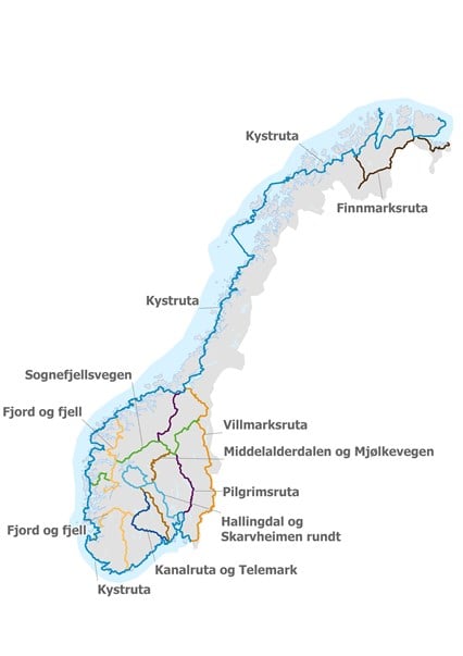 Illustrasjon av de nasjonale sykkelrutene. De enkelte rutene er beskrevet på nettsiden.