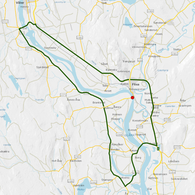 Kart som viser omkjøringen ved Flisa bru