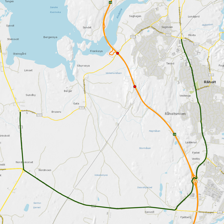 Kart som viser omkjøringen ved Sundbyveien bru