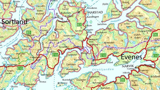 Oversiktskart E10/rv. 85 Evenes-Sortland (KVU)