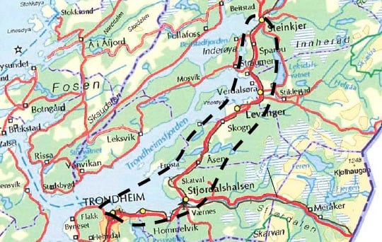 Oversiktskart KVU Trondheim-Steinkjer.