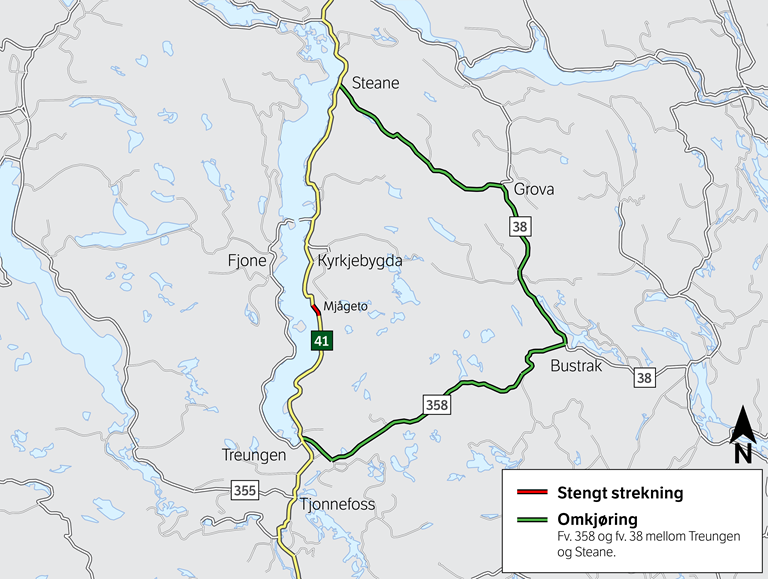 Kart som viser omkøyringsvegen medan rv. 41 ved Mjågeto er stengt.