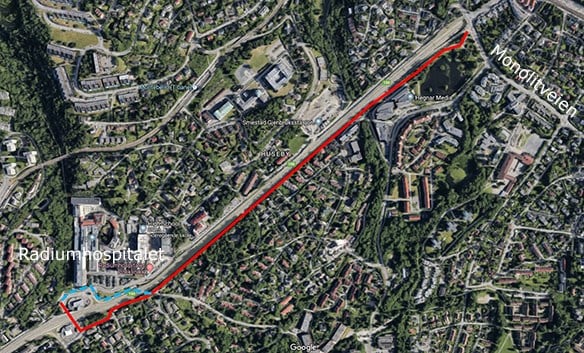Kartskisse (fra Google) viser prosjektområdet hvor det planlegges utvidelse av dagens gang- og sykkelanlegg.