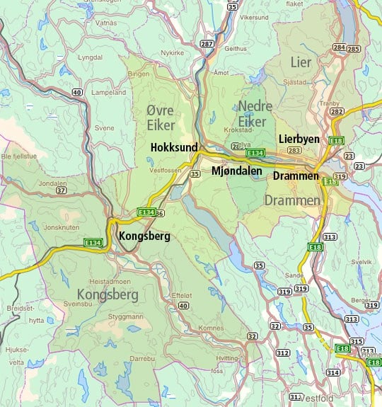 Kommunene som omfattes av Buskerudbypakke 2 (KVU). Illustrasjon.