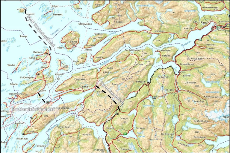 Kart over mulig ny ferjeforbindelse Nord-Dønna.
