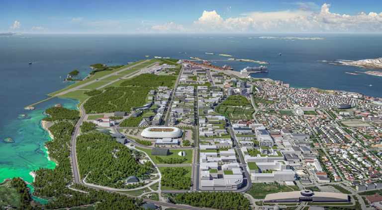 Illustrasjon av ny bydel i Bodø når flyplassen flyttes.