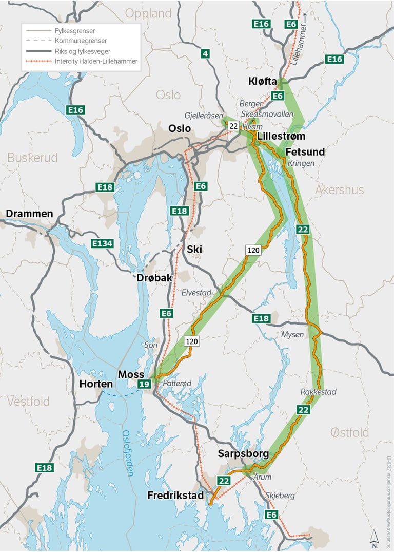 Bilde av et kart som viser området for Konseptvalgutredning (KVU) for vegforbindelse øst for Oslo.