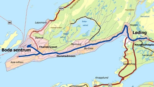 Rv. 80 Løding-Bodø sentrum. Prosjektområde med blått. Polygon viser influensområdet.