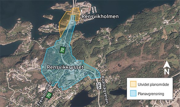 Rv 70 Rensvikkrysset–Rensvikholmen, kart over utvidelse planområdet mars 2018