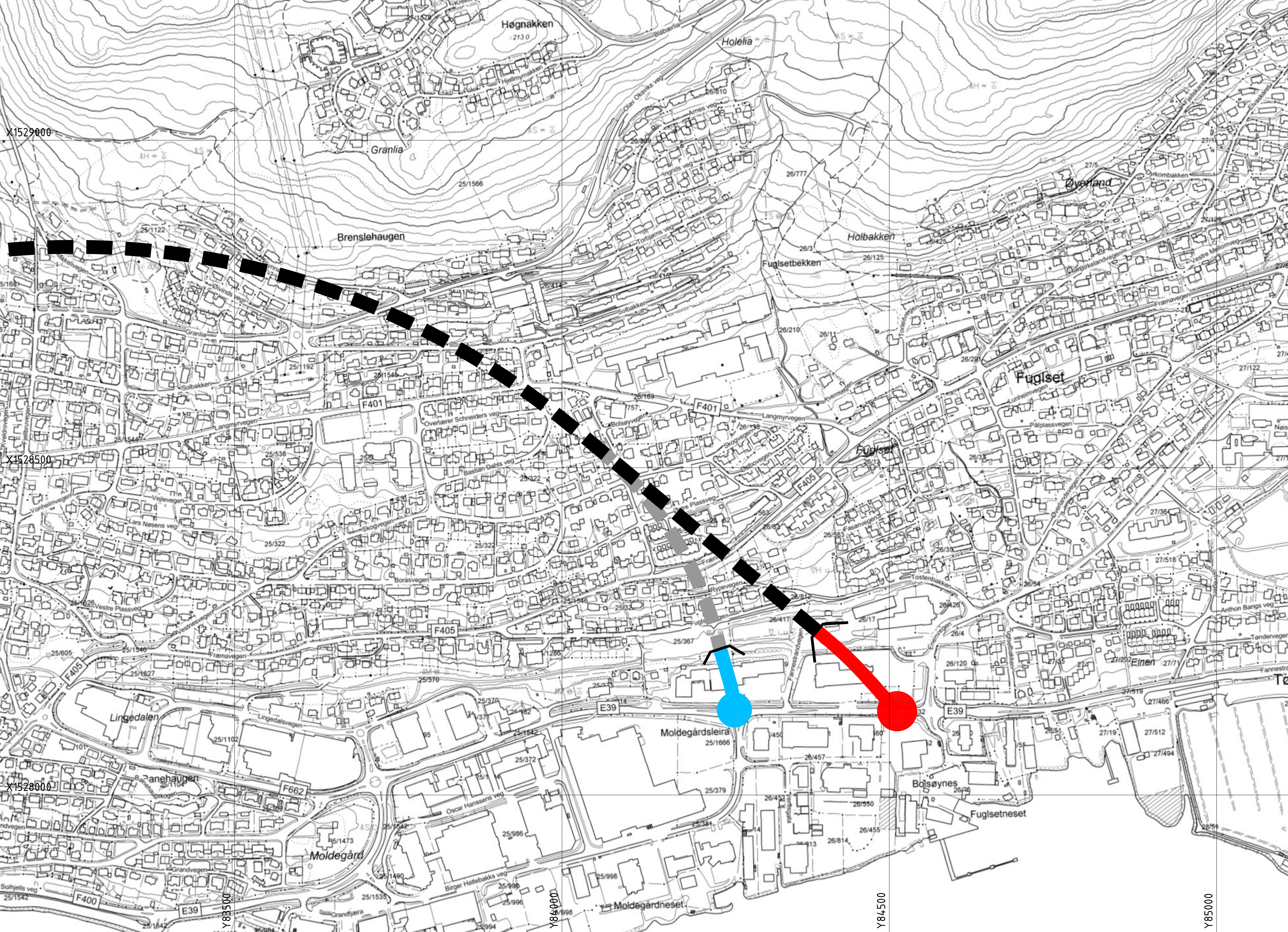 Illustrasjonen viser hvor tunnelåpningen var i tidligere reguleringsplanforslag for E39 Bolsønes-Fuglset (blå veg i dagen og kryss/rundkjøring) og en foreløpig skisse for veg i dagen og rundkjøring for ny plan E39 Bolsønes-Kviltorp (i rødt). 