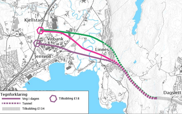 Kart som viser de tre korridorene Statens vegvesen foreslår å utrede. Illustrasjon.