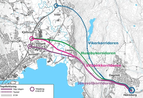 Oversiktskart linjer planprogram E134 Dagsletta-E18. Illustrasjon: Visuell kommunikasjon/Statens vegvesen
