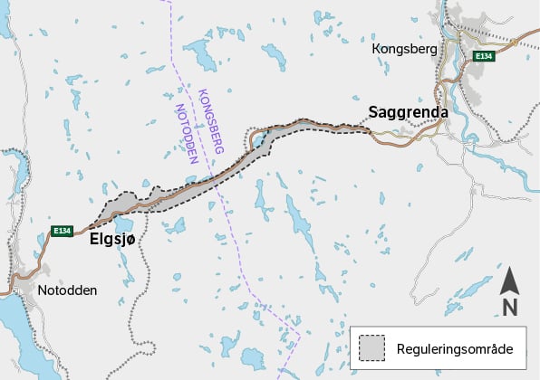 Kart over området for ny E134 Saggrenda-Elgsjø. (Foto: Statens vegvesen)