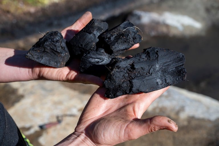 I kolgropane finn arkeologane restar av kol, som dei brukte til å varme opp jernmalmen med. Noko av dette er sendt til C14-datering - bilde