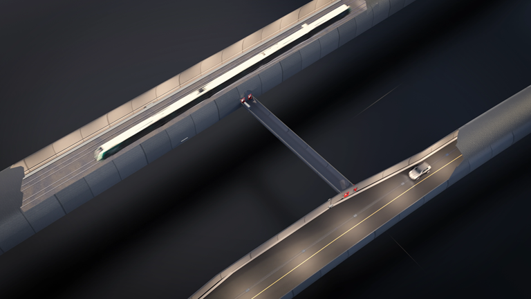 Det unike konseptet består i å bygge tversgående tunneler mellom jernbanetunnelen og veitunnelen, slik at man kan rømme mellom dem i en nødsituasjon (Illustrasjon: Fellesprosjektet/Red Ant).