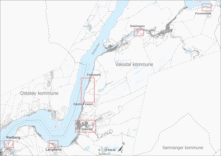 Kart som syner oversikt over reguleringsendringar i Vaksdal kommune. 