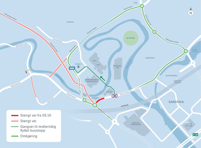 Kartet viser endrede kjøremønster ved Birkheim i Sandvika 