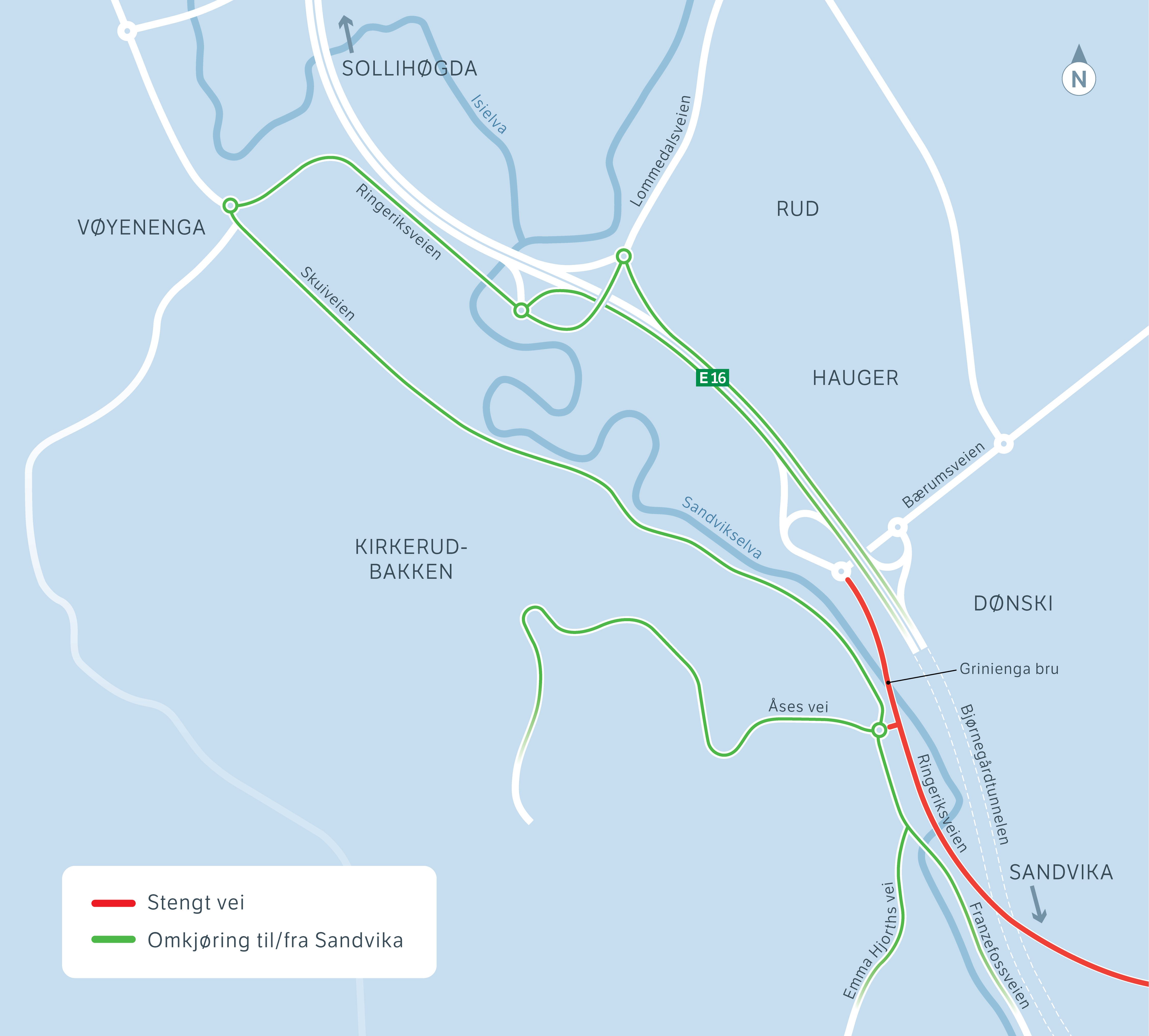 Kartet viser nytt kjøremønster ved Grinienga bru i Sandvika. 