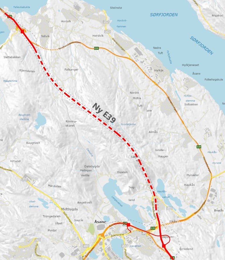 Kart som  syner korridor for ny E39 fastlagt i kommunedelplan.