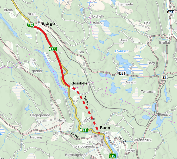 Kart E16 Bagn-Bjørgo