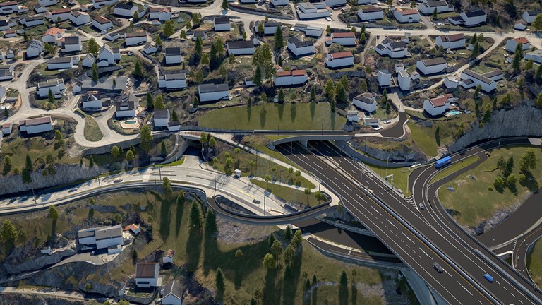 Endelig situasjon Varoddsida E18 Haumyrheitunnelen. 3D illustrasjon: Rambøll for Statens vegvesen