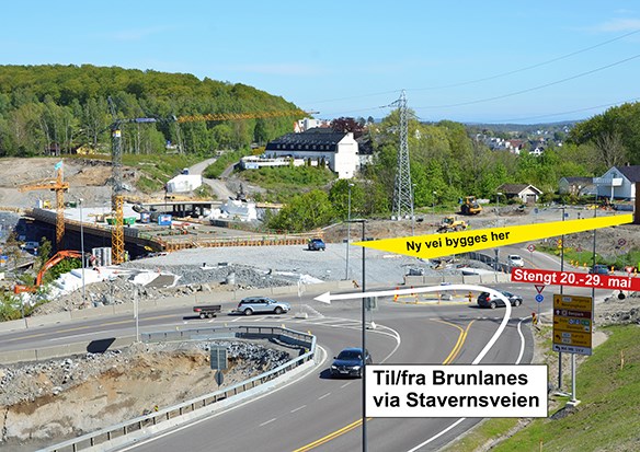 Omkjøring i stengeperioden blir via Stavernsveien og Øvre Damsbakken på Langestrand.