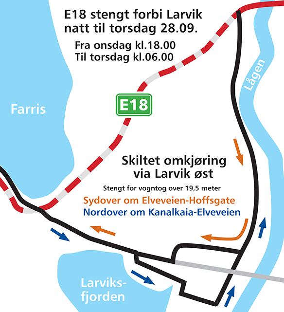 Omkjøringskart i Larvik 27-28.9