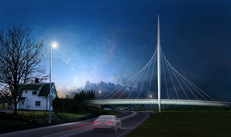 Forslag til ny bro over E18 i Ørje sentrum, som del av prosjektet E18 Ørje-Vinterbro, offentliggjort 24.april 2012.