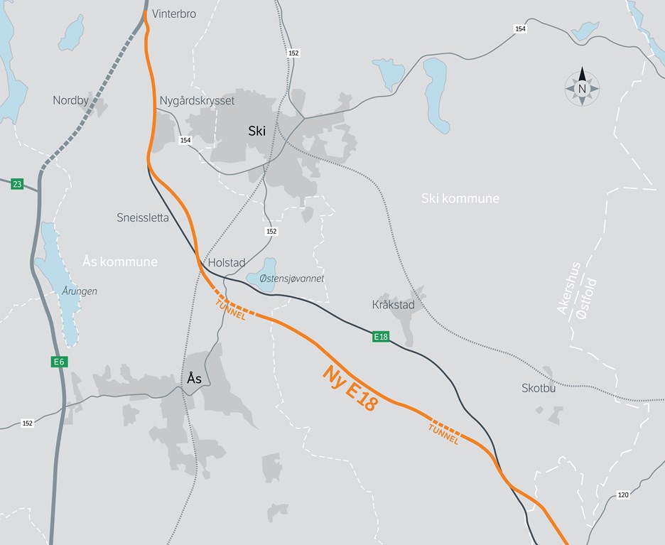 Oversiktskart som viser planlagt E18 Retvet-Vinterbro
