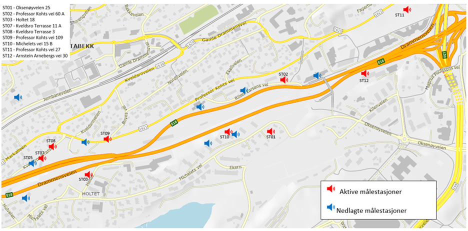 Kartskissen viser plasseringen av målere for støvnedfall på E18 Lysaker-Ramstadsletta