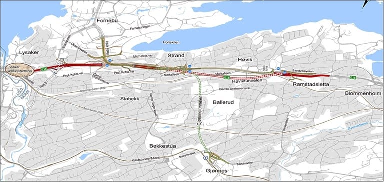 Kartskisse som viser hele prosjektet E18 Lysaker-Ramstadsletta