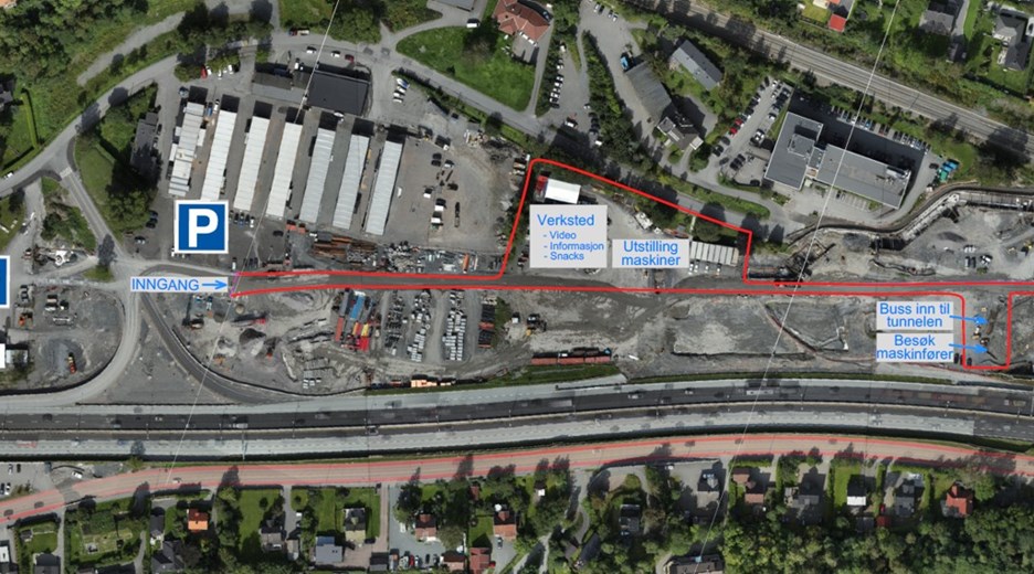 Kartskissen viser anleggsområdet på Ramstadsletta.  Skanska og Statens vegvesen inviterer naboene til besøksdag 10. september