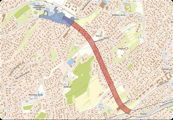 Kartskisse Gjønnestunnelen. Blått felt  viser dagsone, mens rødt viser tunnel.  