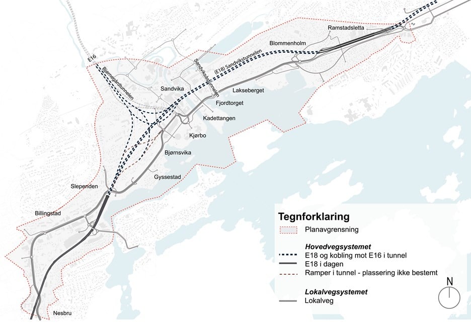 Kartskisse som viser «Konsept B», som er valgt for prosjektet E18 Ramstadsletta–Nesbru.