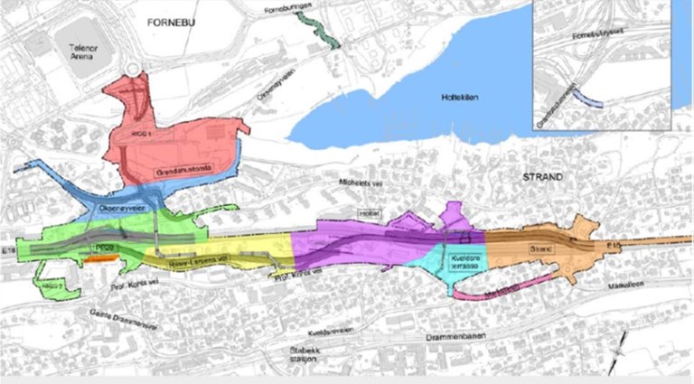 Kartet viser områder der det foregår forberedende anleggsarbeidet knyttet til entreprise E101 Fornebukrysset-Strand