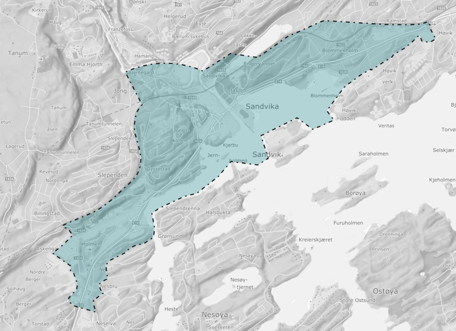 Kartskisse over området for grunnundersøkelser E18 Ramstadsletta–Nesbru