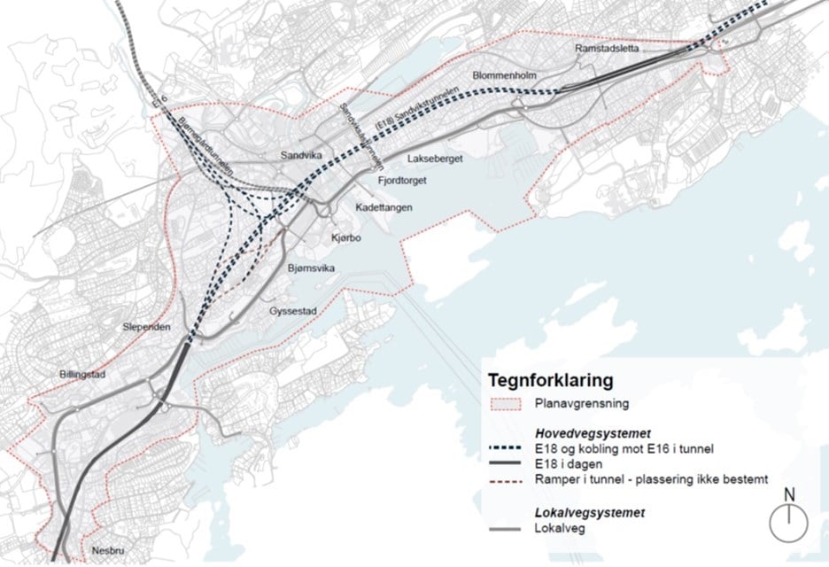 Kartskisse som viser alternativ B som er Vegvesenets anbefalte alternativ for videre arbeid med reguleringsplan for E18 Ramstadsletta–Nesbru