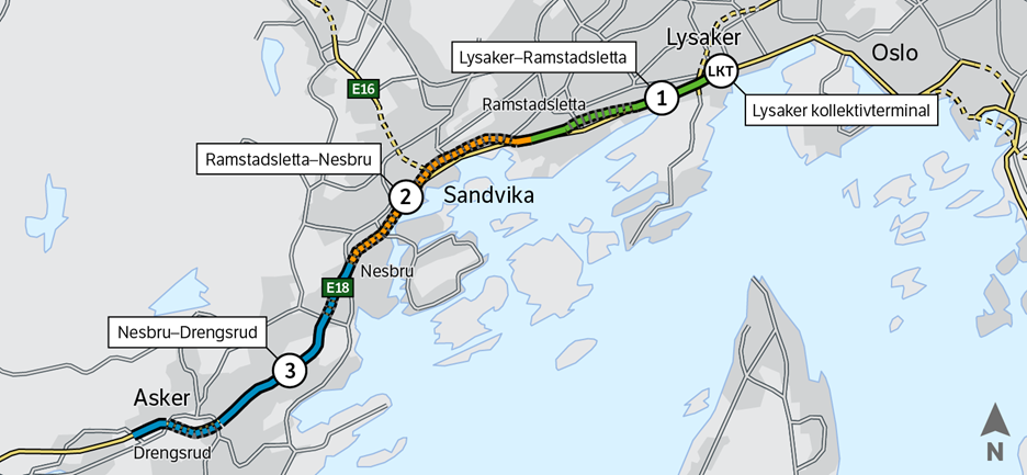 Kartillustrasjonen viser etappeinndelingen for E18 Vestkorridoren.  Prosjektet E18 Lysaker-Ramstadsletta er markert med grønt