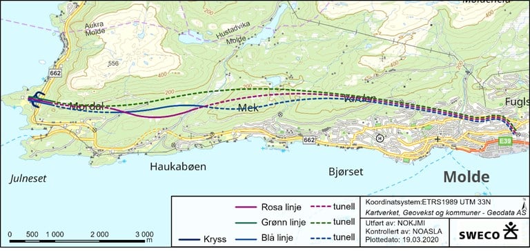 Illustrasjonen viser de tre veglinjene som til nå er foreslått for ny E39 Julbøen-Molde. De stiplede linjene viser hvor vegen vil gå i tunnel, mens heltrukken linje er veg i dagen. 