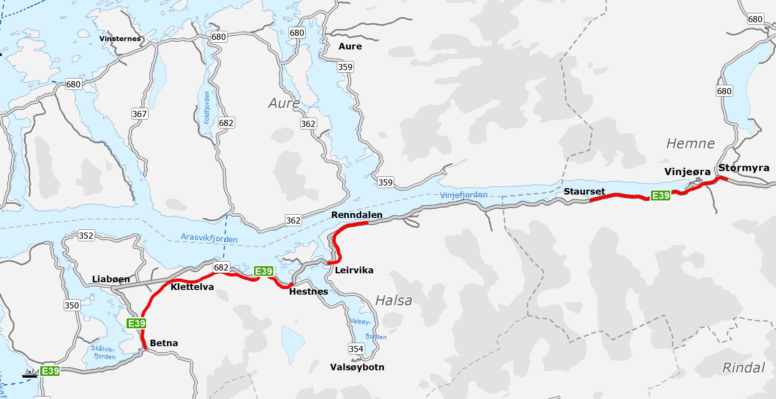 Kartet viser de tre strekningene som skal bygges gjennom prosjektet E39 Betna-Stormyra. To av parsellene mellom Betna og Stormyra er allerede utbedret: E39 Hestnes–Leirvika (over Valsøya), som åpnet 1993 og E39 Renndalen-Staurset (åpnet i 2010).
