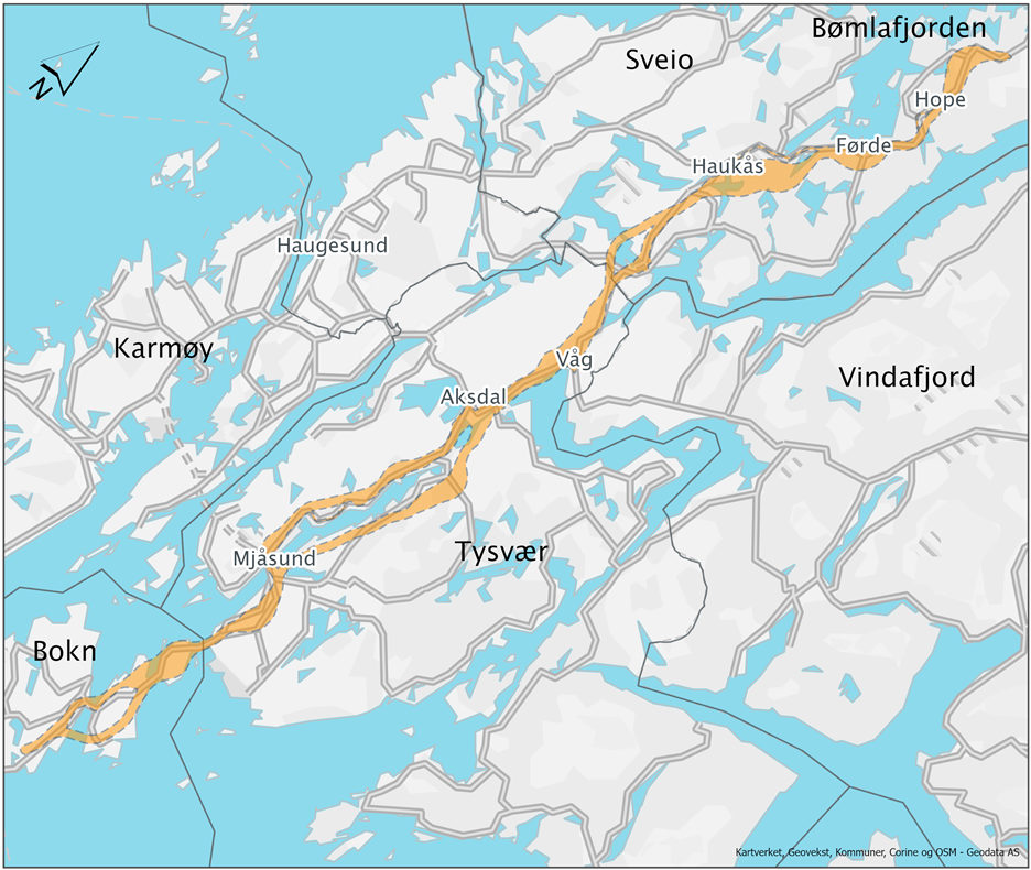 Kart over planområdet for E39 Bokn-Bømlafjorden. Kartet viser to korridorar som blir lagt til grunn for utvikling av to alternative løysingar som blir tilarbeidd vidare og vurdert i konsekvensutgreiinga