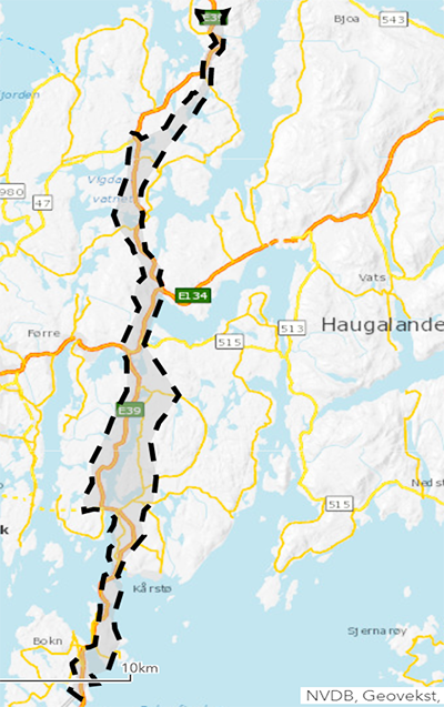 Kart over område der Statens vegvesen vil foreta registreringar  (Illustrasjon: Statens vegvesen).