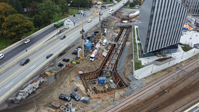 Omlegging av infrastruktur ved Quadrum, september 2022. Foto: Statens vegvesen